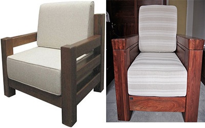左图为百强家具生产的百强家具生产的9ST3-04a型号沙发，右图为仿冒品