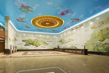世贸国际酒店大堂，世界最大U型整体汉白玉浮雕：《美丽环球 和谐世界》