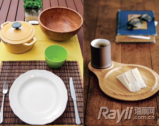 实木餐桌+木质餐具，原生态的就餐氛围。