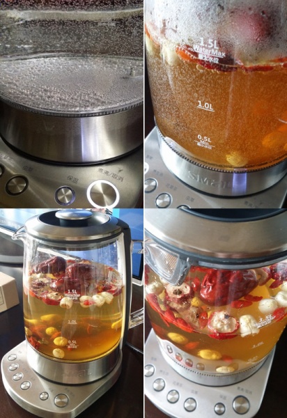 煮养生汤，边欣赏透明玻璃壶内的情景。