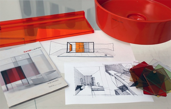 kartell by LAUFEN品牌产品陈列室设计过程中的概念草图和材料探究