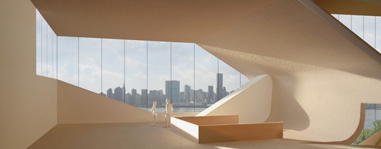 透过建筑立面上的玻璃的切口可以欣赏到曼哈顿独特的天际线