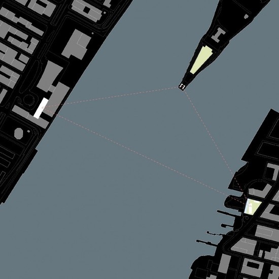 东河地图：建筑用地（右）与柯布西耶的联合国总部（左）与路易斯·康的FDR纪念馆（中间）