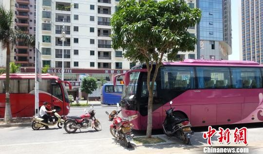 7月上旬，多辆北海牌照的旅游大巴停靠在防城港市行政中心区域的排档和餐馆前等待游客结束用餐。　冯抒敏 摄