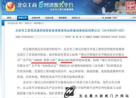 北京工商:箭牌AK1002智能座便器被检不合格 沈阳有售