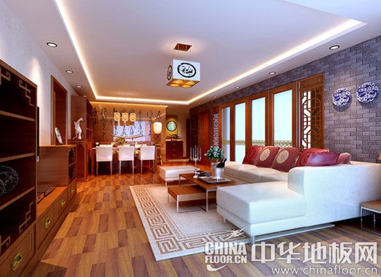 中式客厅拼色地板装修效果图