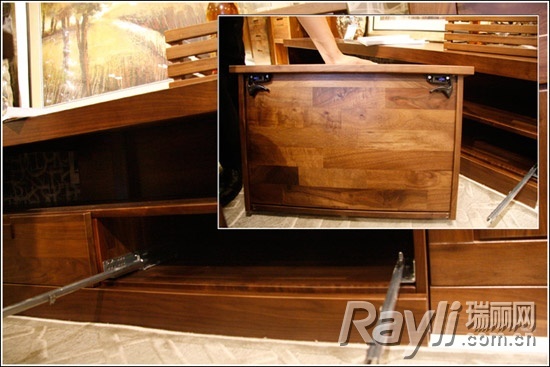 电视柜的抽屉滑轨是采用德国加工标准，托底承重好，单副滑轨承重45公斤。