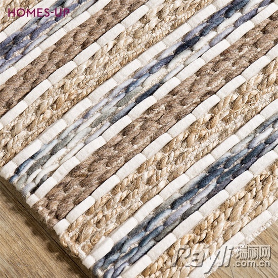 Homes-Up麻羊毛条纹地垫完全由纯手工编织