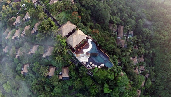 酒店外景——酒店本身被茂密的古树及可以俯瞰Ayung河的山崖所围绕，缆车连接着餐厅、图书馆、酒吧等酒店的各处设施，所以整个酒店就似盖在空中的秘密花园。