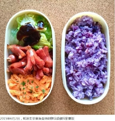 2015年6月2日，蚝油生菜章鱼香肠胡萝卜丁+紫薯饭