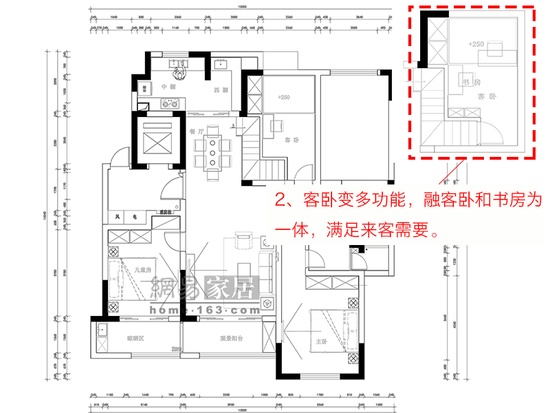 2.客卧变多功能，融客卧和书房为一体，满足来客需要。