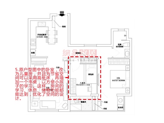 5.原户型图中的卧室，改为儿童房，并且为节省空间可以采用高低床，再增加一个书桌，以方便小孩子学习。这样，房间的学习、休息、储物功能都能达到，优化了空间可设计。