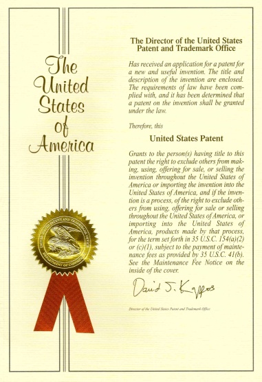 【美国国家专利局】为巴斯曼宫廷系列颁发的专利证书