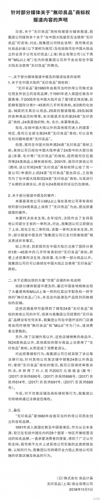 快讯 | 日本無印良品就“商标权”一事正式发布声明