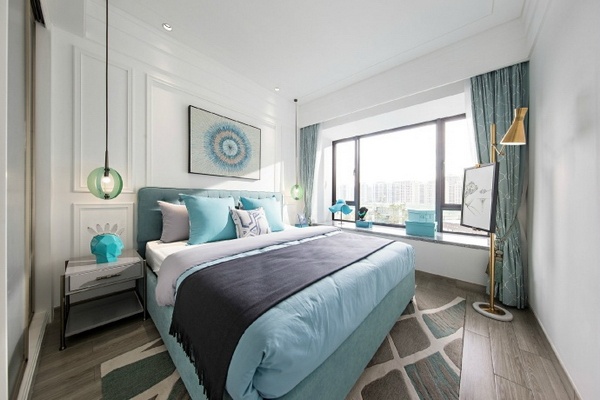 宁静优雅的蒂芙尼蓝与卧室结合，大方时尚，简洁而又不失格调.jpeg